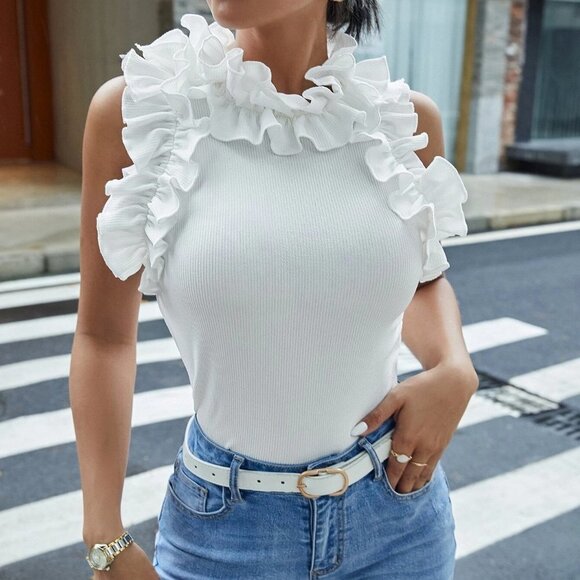 White Boho Womens Keyhole Back Ruffle Trim Tank Top - Picture 4 of 5